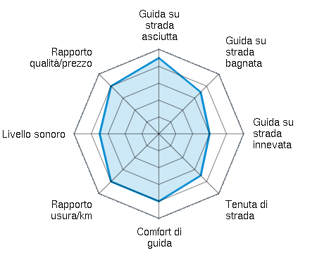 Guida su strada asciutta 4.50/5 | Guida su strada bagnata 3.50/5 | Guida su strada innevata 3.00/5 | Tenuta di strada 3.50/5 | Comfort di guida 4.00/5 | Rapporto usura/km 4.00/5 | Livello sonoro 3.50/5 | Rapporto qualità/prezzo 4.00/5