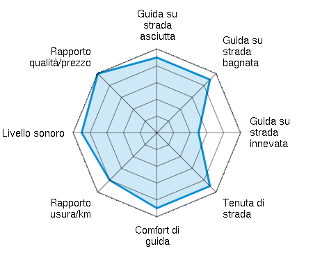 Guida su strada asciutta 4.50/5 | Guida su strada bagnata 4.50/5 | Guida su strada innevata 2.50/5 | Tenuta di strada 4.50/5 | Comfort di guida 4.50/5 | Rapporto usura/km 4.00/5 | Livello sonoro 4.50/5 | Rapporto qualità/prezzo 5.00/5
