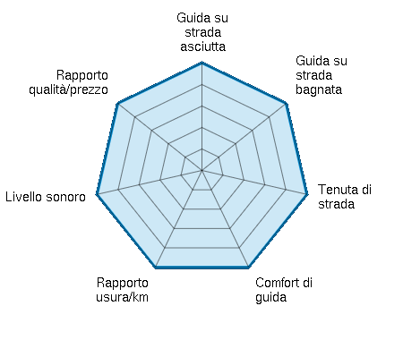 Guida su strada asciutta 5.00/5 | Guida su strada bagnata 5.00/5 | Tenuta di strada 5.00/5 | Comfort di guida 5.00/5 | Rapporto usura/km 5.00/5 | Livello sonoro 5.00/5 | Rapporto qualità/prezzo 5.00/5