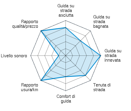 Guida su strada asciutta 4.00/5 | Guida su strada bagnata 3.00/5 | Guida su strada innevata 5.00/5 | Tenuta di strada 4.00/5 | Comfort di guida 3.00/5 | Rapporto usura/km 5.00/5 | Livello sonoro 1.00/5 | Rapporto qualità/prezzo 5.00/5