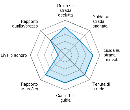 Guida su strada asciutta 4.00/5 | Guida su strada bagnata 3.00/5 | Guida su strada innevata 4.00/5 | Tenuta di strada 4.00/5 | Comfort di guida 4.00/5 | Rapporto usura/km 4.00/5 | Livello sonoro 1.00/5 | Rapporto qualità/prezzo 3.00/5