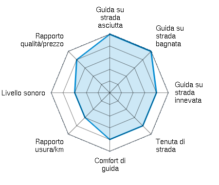 Guida su strada asciutta 5.00/5 | Guida su strada bagnata 5.00/5 | Guida su strada innevata 4.00/5 | Tenuta di strada 4.00/5 | Comfort di guida 4.00/5 | Rapporto usura/km 3.00/5 | Livello sonoro 3.00/5 | Rapporto qualità/prezzo 4.00/5