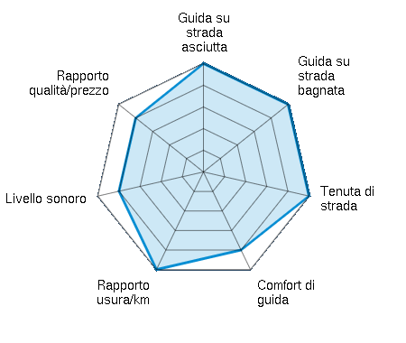Guida su strada asciutta 5.00/5 | Guida su strada bagnata 5.00/5 | Tenuta di strada 5.00/5 | Comfort di guida 4.00/5 | Rapporto usura/km 5.00/5 | Livello sonoro 4.00/5 | Rapporto qualità/prezzo 4.00/5