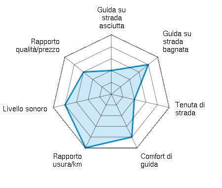Guida su strada asciutta 2.00/5 | Guida su strada bagnata 4.00/5 | Tenuta di strada 2.00/5 | Comfort di guida 4.00/5 | Rapporto usura/km 5.00/5 | Livello sonoro 4.00/5 | Rapporto qualità/prezzo 3.00/5