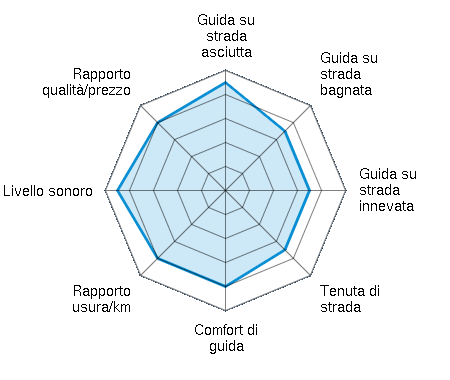 Guida su strada asciutta 4.50/5 | Guida su strada bagnata 3.50/5 | Guida su strada innevata 3.50/5 | Tenuta di strada 3.50/5 | Comfort di guida 4.00/5 | Rapporto usura/km 4.00/5 | Livello sonoro 4.50/5 | Rapporto qualità/prezzo 4.00/5