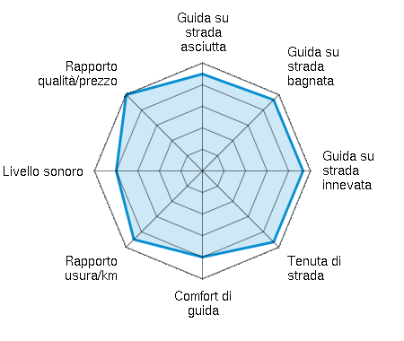 Guida su strada asciutta 4.50/5 | Guida su strada bagnata 4.67/5 | Guida su strada innevata 4.67/5 | Tenuta di strada 4.67/5 | Comfort di guida 4.00/5 | Rapporto usura/km 4.50/5 | Livello sonoro 4.00/5 | Rapporto qualità/prezzo 5.00/5