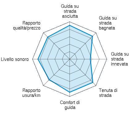 Guida su strada asciutta 4.54/5 | Guida su strada bagnata 4.35/5 | Guida su strada innevata 2.79/5 | Tenuta di strada 4.41/5 | Comfort di guida 4.44/5 | Rapporto usura/km 3.89/5 | Livello sonoro 4.28/5 | Rapporto qualità/prezzo 4.19/5