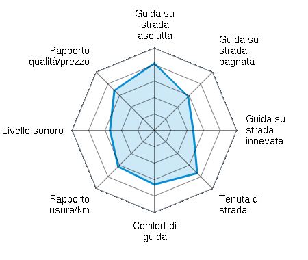 Guida su strada asciutta 4.08/5 | Guida su strada bagnata 2.91/5 | Guida su strada innevata 2.37/5 | Tenuta di strada 3.69/5 | Comfort di guida 3.30/5 | Rapporto usura/km 3.12/5 | Livello sonoro 2.70/5 | Rapporto qualità/prezzo 3.44/5