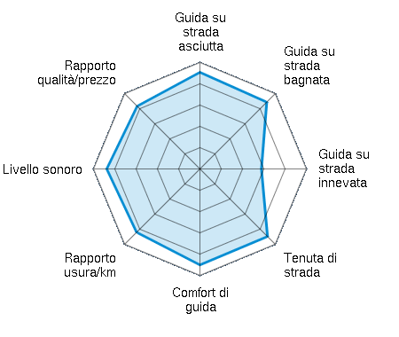 Guida su strada asciutta 4.54/5 | Guida su strada bagnata 4.44/5 | Guida su strada innevata 2.89/5 | Tenuta di strada 4.49/5 | Comfort di guida 4.51/5 | Rapporto usura/km 4.21/5 | Livello sonoro 4.38/5 | Rapporto qualità/prezzo 4.17/5