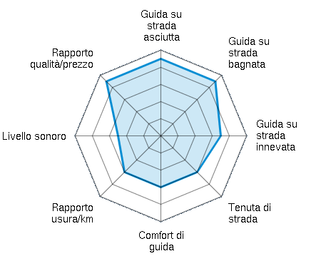 Guida su strada asciutta 4.50/5 | Guida su strada bagnata 4.50/5 | Guida su strada innevata 3.50/5 | Tenuta di strada 3.00/5 | Comfort di guida 3.00/5 | Rapporto usura/km 3.00/5 | Livello sonoro 2.50/5 | Rapporto qualità/prezzo 4.50/5