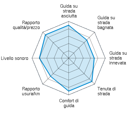 Guida su strada asciutta 4.50/5 | Guida su strada bagnata 3.50/5 | Guida su strada innevata 3.50/5 | Tenuta di strada 4.50/5 | Comfort di guida 4.50/5 | Rapporto usura/km 3.50/5 | Livello sonoro 4.00/5 | Rapporto qualità/prezzo 4.50/5