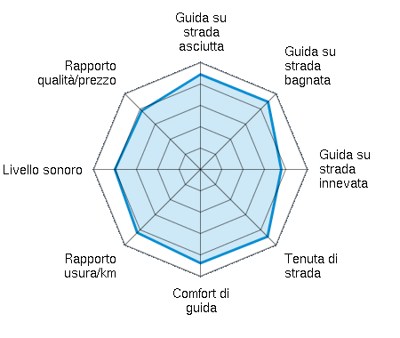 Guida su strada asciutta 4.45/5 | Guida su strada bagnata 4.48/5 | Guida su strada innevata 3.79/5 | Tenuta di strada 4.45/5 | Comfort di guida 4.39/5 | Rapporto usura/km 4.19/5 | Livello sonoro 4.01/5 | Rapporto qualità/prezzo 3.89/5