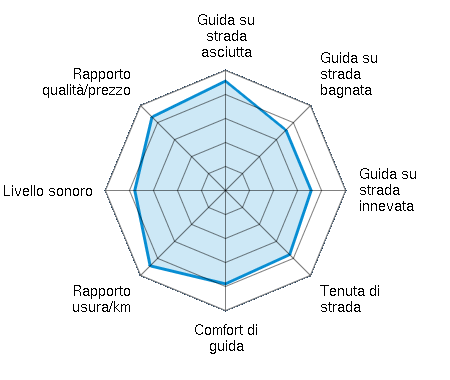 Guida su strada asciutta 4.56/5 | Guida su strada bagnata 3.56/5 | Guida su strada innevata 3.57/5 | Tenuta di strada 3.78/5 | Comfort di guida 3.89/5 | Rapporto usura/km 4.44/5 | Livello sonoro 3.78/5 | Rapporto qualità/prezzo 4.33/5