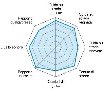 Guida su strada asciutta 4.50/5 | Guida su strada bagnata 4.50/5 | Guida su strada innevata 3.75/5 | Tenuta di strada 4.50/5 | Comfort di guida 4.00/5 | Rapporto usura/km 4.75/5 | Livello sonoro 4.50/5 | Rapporto qualità/prezzo 4.00/5