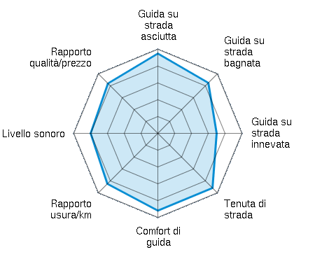 Guida su strada asciutta 4.75/5 | Guida su strada bagnata 4.25/5 | Guida su strada innevata 3.50/5 | Tenuta di strada 4.60/5 | Comfort di guida 4.60/5 | Rapporto usura/km 4.25/5 | Livello sonoro 4.00/5 | Rapporto qualità/prezzo 4.20/5