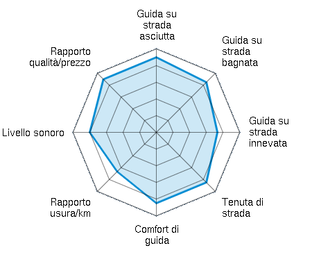 Guida su strada asciutta 4.50/5 | Guida su strada bagnata 4.25/5 | Guida su strada innevata 3.67/5 | Tenuta di strada 4.25/5 | Comfort di guida 4.25/5 | Rapporto usura/km 3.33/5 | Livello sonoro 4.00/5 | Rapporto qualità/prezzo 4.50/5