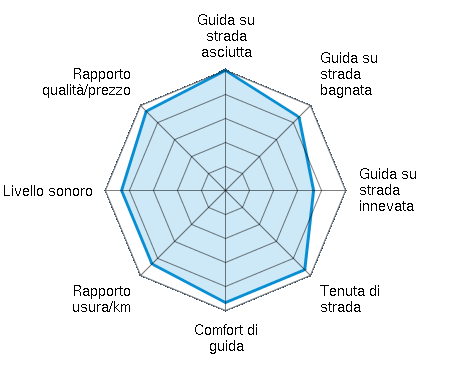 Guida su strada asciutta 5.00/5 | Guida su strada bagnata 4.33/5 | Guida su strada innevata 3.67/5 | Tenuta di strada 4.67/5 | Comfort di guida 4.67/5 | Rapporto usura/km 4.33/5 | Livello sonoro 4.33/5 | Rapporto qualità/prezzo 4.67/5