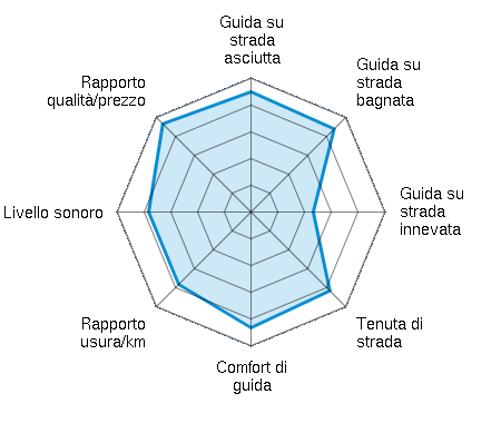 Guida su strada asciutta 4.50/5 | Guida su strada bagnata 4.40/5 | Guida su strada innevata 2.33/5 | Tenuta di strada 4.17/5 | Comfort di guida 4.33/5 | Rapporto usura/km 3.83/5 | Livello sonoro 3.83/5 | Rapporto qualità/prezzo 4.67/5