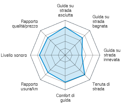 Guida su strada asciutta 4.05/5 | Guida su strada bagnata 3.52/5 | Guida su strada innevata 2.41/5 | Tenuta di strada 3.98/5 | Comfort di guida 3.89/5 | Rapporto usura/km 3.52/5 | Livello sonoro 3.71/5 | Rapporto qualità/prezzo 3.55/5