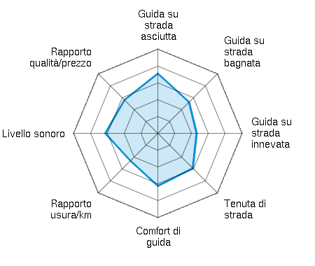 Guida su strada asciutta 3.56/5 | Guida su strada bagnata 2.63/5 | Guida su strada innevata 2.31/5 | Tenuta di strada 2.94/5 | Comfort di guida 3.13/5 | Rapporto usura/km 2.31/5 | Livello sonoro 3.13/5 | Rapporto qualità/prezzo 2.81/5