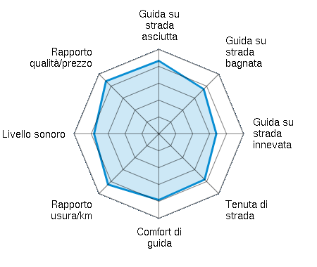 Guida su strada asciutta 4.33/5 | Guida su strada bagnata 3.75/5 | Guida su strada innevata 3.40/5 | Tenuta di strada 3.83/5 | Comfort di guida 3.92/5 | Rapporto usura/km 4.25/5 | Livello sonoro 3.83/5 | Rapporto qualità/prezzo 4.42/5
