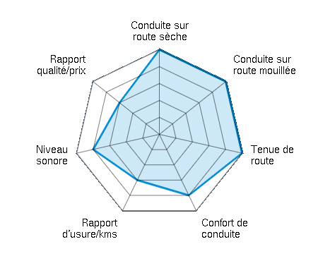 Conduite sur route sèche 5.00/5 | Conduite sur route mouillée 5.00/5 | Tenue de route 5.00/5 | Confort de conduite 4.00/5 | Rapport d'usure/kms 3.00/5 | Niveau sonore 4.00/5 | Rapport qualité/prix 3.00/5