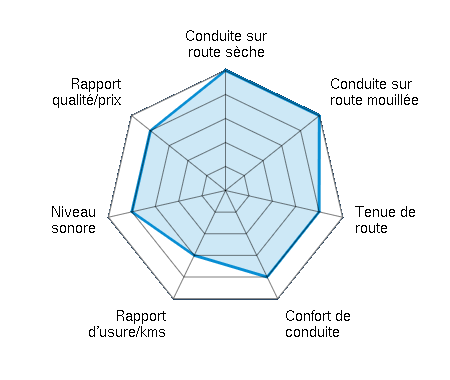 Conduite sur route sèche 5.00/5 | Conduite sur route mouillée 5.00/5 | Tenue de route 4.00/5 | Confort de conduite 4.00/5 | Rapport d'usure/kms 3.00/5 | Niveau sonore 4.00/5 | Rapport qualité/prix 4.00/5
