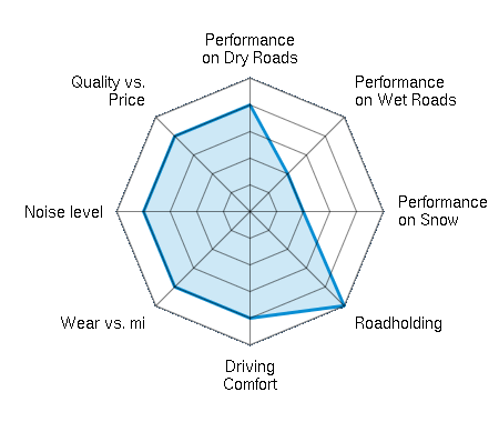 Performance on Dry Roads 4.00/5 | Performance on Wet Roads 2.00/5 | Performance on Snow 2.00/5 | Roadholding 5.00/5 | Driving Comfort 4.00/5 | Wear vs. mi 4.00/5 | Noise level 4.00/5 | Quality vs. Price 4.00/5