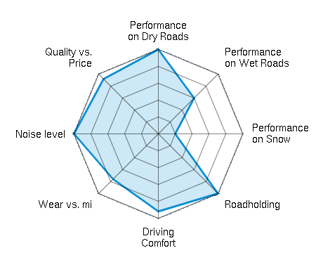Performance on Dry Roads 5.00/5 | Performance on Wet Roads 3.00/5 | Performance on Snow 1.00/5 | Roadholding 5.00/5 | Driving Comfort 4.60/5 | Wear vs. mi 3.80/5 | Noise level 5.00/5 | Quality vs. Price 4.60/5